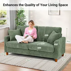 178cm Green Corduroy Couch, 3 Seater Sofa with Wood Legs, Deep Seat Sofa