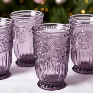 Set of 8 Luxury Embossed Purple Tall Drinking Glass Tumblers 330ml