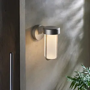 Brushed Silver Outdoor Wall Light & Frosted Glass Shade IP44 Rated 8W LED Module