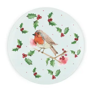 Christmas Robins Round Glass Worktop Saver - Chopping/Cutting Serving Board Gift