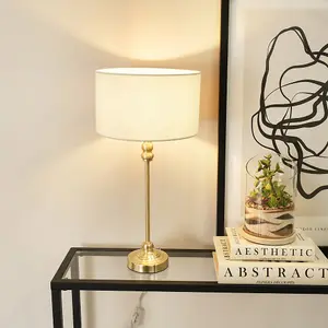 ValueLights Maggie Gold Metal Candlestick Slim Table Lamp with White Fabric Drum Lamp Shade