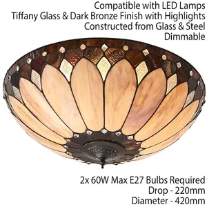 Tiffany Glass Semi Flush Ceiling Light Cream Bronze Round Inverted Shade i00036