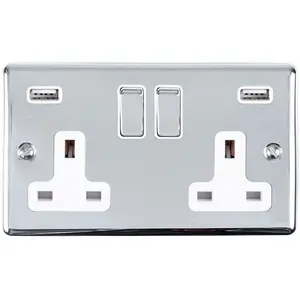 2 Gang Single UK Plug Socket & Dual 2.1A USB CHROME & White 13A Switched