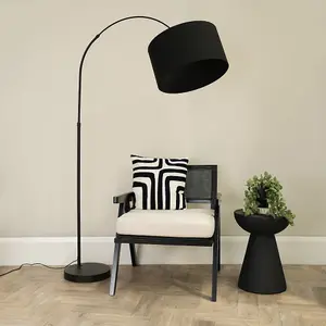 ValueLights Louis Black Arched Curved Floor Lamp with Black Fabric Drum Lamp Shade