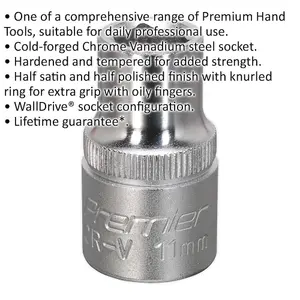 11mm Chrome Vanadium Steel Drive Socket - 1/2 Inch Square Drive Tool for Professionals