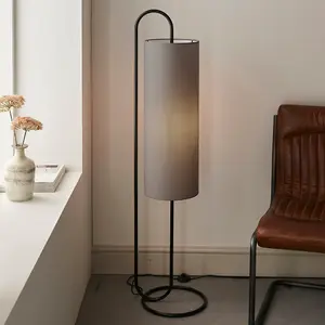 Matt Black Oval Floor Lamp & Grey Fabric Shade - 1360mm Height - Standing Light