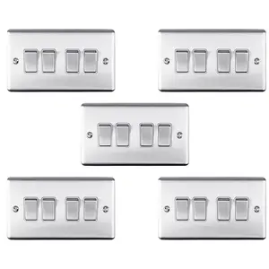 5 PACK 4 Gang Quad Metal Light Switch SATIN STEEL 2 Way 10A White Trim