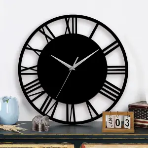 Black Wall Clock Roman Numeral Decorative Silent Wall Clock for Living Room Decor Fireplace 30cm (D)