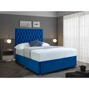 Jemma Divan Bed Set with Headboard and Mattress - Plush Fabric, Blue Color, 2 Drawers Left Side