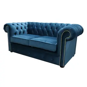 Chesterfield 2 Seater Blue Velvet Sofa Custom Made In Classic Style