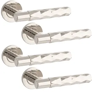 4 PACK - PAIR Diamond Lever on Round Rose Door Handle - Polished Nickel Concealed Screw