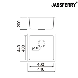 JASSFERRY Undermount Stainless Steel Kitchen Sink 1 Single Deep Square Bowl, 440 x 440 mm