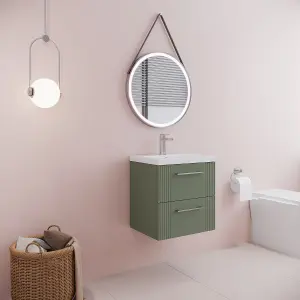 Retro 2 Drawer Wall Hung Vanity Unit with Mid-Edge 1 Tap Hole Ceramic Basin - 500mm - Satin Green - Balterley