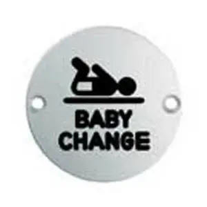 2x Bathroom Door Baby Change Sign 64mm Fixing Centres 76mm Dia Polished Steel