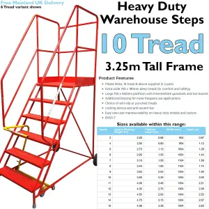 10 Tread HEAVY DUTY Mobile Warehouse Stairs Punched Steps 3.25m Safety Ladder