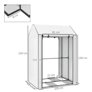 Outsunny Mini Greenhouse with Shelves and Roll Up Door, 100x80x150cm, White