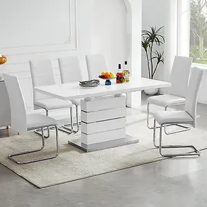 Furniture in Fashion Parini Small White Extending High Gloss Dining Table With 6 Daryl White Dining  Chairs