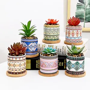 simpa 6PC Natural Pattern Ceramic Plant Pots with Bamboo Base