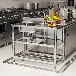 1 Compartment Commercial Floorstanding Stainless Steel Kitchen Sink with Storage Shelf 100cm