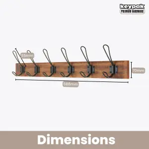 keypak Rustic Wall Mounted Coat Rack, Vintage Double Wire Coat Hooks on Wooden Base, Fixings Included (6 Hooks, Antique Finish)