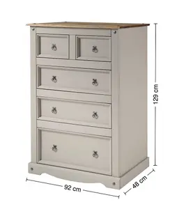 Mercers Furniture Corona Grey Wax 2+3 Chest of 5 Drawers Solid Pine with Mexican Styling