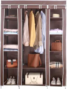 Fabric Canvas Wardrobe Organizers Clothes Rail Shelves Storage Closet Triple - Brown