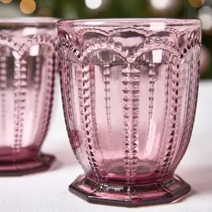 Set of 2 Vintage Luxury Purple Embossed Short Drinking Glass Whiskey Glass Tumblers 290ml