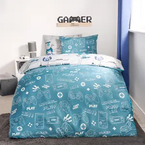 Gaming Duvet Cover Set Reversible Quilt Pillowcase Bedding, Grey - Single