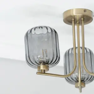 ValueLights Amelie Gold 3 Way Ceiling Light with Smoked Ribbed Glass Shades - LED Bulbs Included