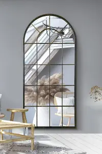 MirrorOutlet Arcus - Antique Black Framed Arched Window Leaner / Wall Mirror 71" X 33.5" (180x85CM)