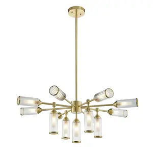 Luminosa Trieste Multi Arm Pendant Ceiling Light Satin Brass Plate, Clear, Frosted Glass