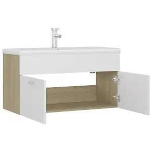 Berkfield Sink Cabinet with Built-in Basin White and Sonoma Oak Engineered Wood