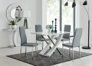 Furniturebox UK Mayfair 4 White High Gloss And Stainless Steel Dining Table And 4 Grey Milan Chairs Set