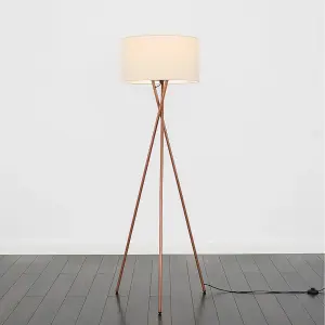 ValueLights Camden Modern Copper Metal Tripod Floor Lamp with Beige Cylinder Shade - Includes 6w LED Bulb 3000K Warm White