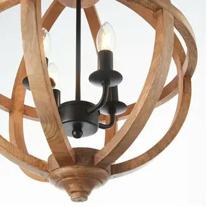 Multi Light Ceiling Pendant 4 Bulb Mango Wood & Bronze Solid Round Lamp Shade