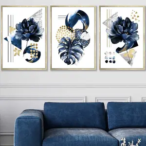 Set of 3 Abstract Blue and Gold Botanical Wall Art Prints / 50x70cm / Gold Frame