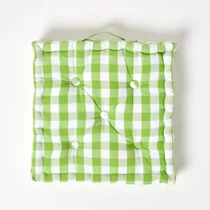 Homescapes Green Block Check Cotton Gingham Floor Cushion, 50 x 50 cm