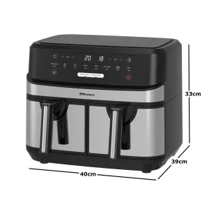 EMtronics EMAFDD9LSL Digital 9L Double Basket Large Dual Air Fryer with Timer - Stainless Steel