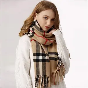 (Beige) Men Ladies Women Classic Checked Tartan Print Plain Tassel Scarf Burberry Style