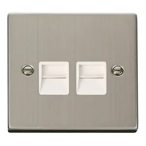 Stainless Steel Master Telephone Twin Socket - White Trim - SE Home