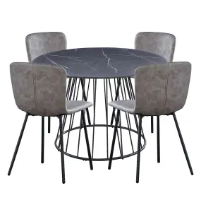 Hallowood Furniture Cullompton Large 120cm Round Table with 4 Light Grey Leather Effect Chairs