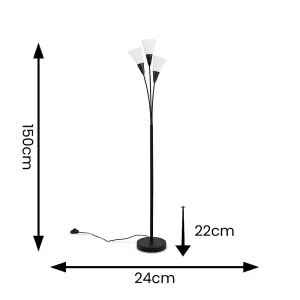 ValueLights Kristina Black 3 Arm Floor Lamp with White Frosted Glass Shades - LED Bulb Included