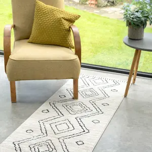 Cream Black Moroccan Berber Diamond Geometric Runner Rug 60x240cm