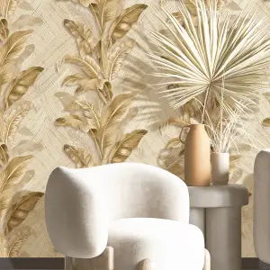 Galerie Stratum Collection Metallic Gold/Beige Palma Leaf Double Width Wallpaper Roll