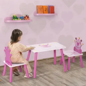 HOMCOM 3 Pcs Kids Princess & Crown Chair Table Set Home Furniture 2-4 Yrs Pink