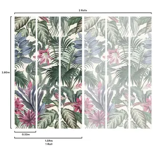 Grandeco Delicate Jungle Botanical XXL Leaves & Flowers Green & Pink 3 Lane Repeatable Wallpaper Mural 159 x 280cm