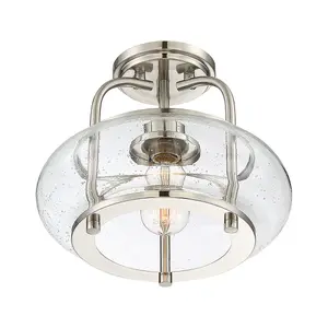 Semi Flush 1 Light Clear Seeded Glass Shade Brushed Nickel LED E27 60W