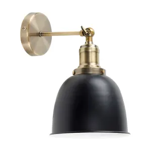 ValueLights Wilhelm 2 x Antique Brass Adjustable Wall Lights with Black Dome Shades and LED Bulb