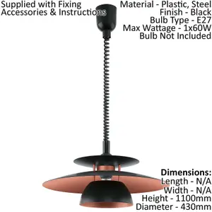 Pendant Ceiling Light Height Adjustable Colour Black Shade Black Copper Bulb E27 1x60W