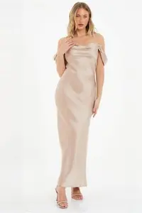 Quiz Champagne Satin Cold Shoulder Maxi Dress - White - Maxi Dresses Size 14 UK